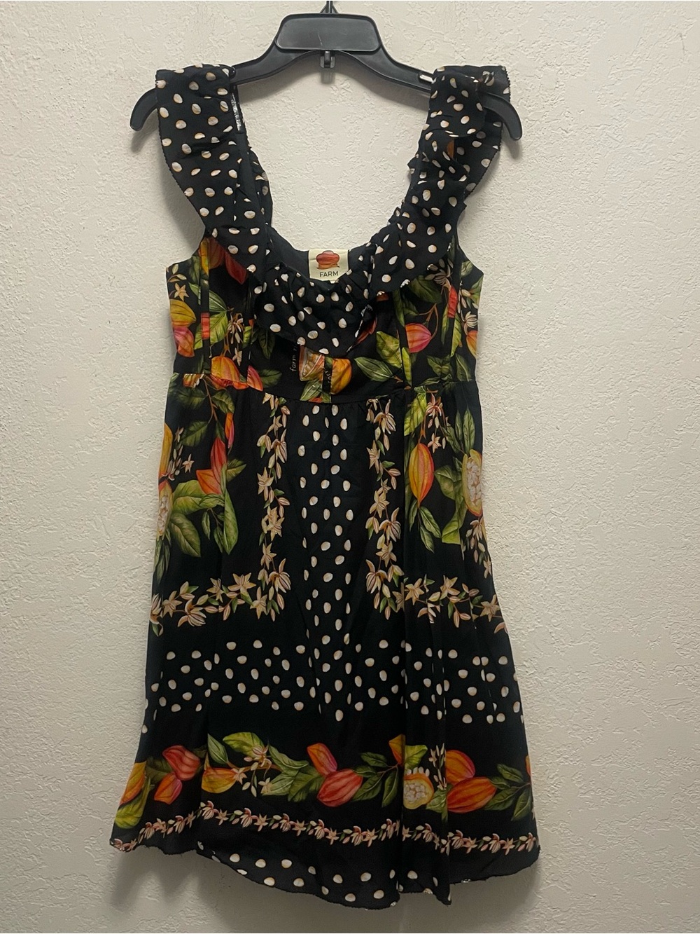 FARM RIO Cocoa Paradise Mini Dress Ruffle Floral-Border Print Small